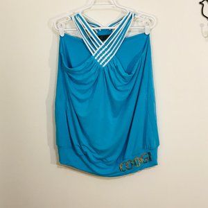 Coogi Womens XL Blue White Halter Top Open Back Cinched Waist Logo Stretchy